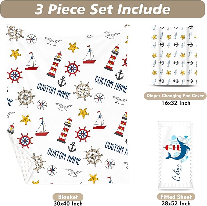 Personalized Baby Crib Bedding Set, Custom Name Lighthouse Theme Nursery Bedding Set 3 Pcs, Baby Blanket Fitted Crib Sheet Changing Pad Cover, Personalized Nursery Decor Gift for Newborns Boys
