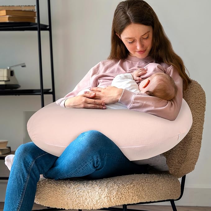 Baby Nursing Pillow Cover, Removeable Breastfeeding Pillow Slipcover, Muslin Nursing Pillow Case for Newborn Boys Girls, Soft Fabric Fits Snug On Infant, Washable & Breathable, Pink (Cover Only)