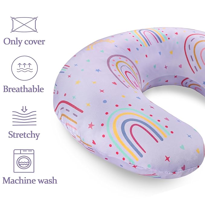 Nursing Pillow Cover, Removable Nursing Covers for Breastfeeding Pillows, Stretchy and Soft Fit for Baby Girls Boys Newborn, Purple Rainbow (Only Cover)