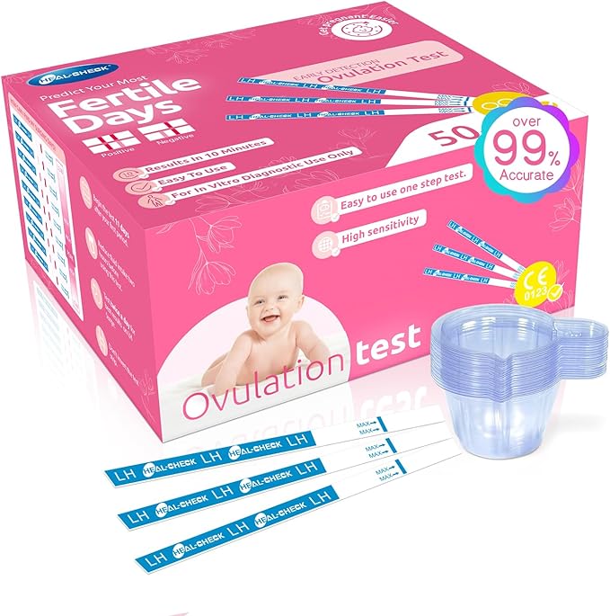 50 Count Ovulation Test Strips with Cups, Bulk Ovulation Test Strips for Women, Ovulation Predictor Kit, Accurate Fertility Tests for Home, Individually Wrapped 5mm LH
