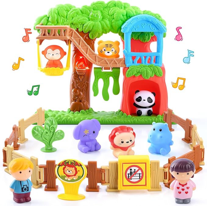 PLAY Safari Animals Figures Toys Playset, 20Pcs Realistic Jungle Forest Zoo Animals Figurines Tree House Playset with Lights & Sounds for Toddlers, Learning Toys Gifts for Girls Boy Ages 18M+