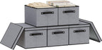 Clothing Storage Bins, Blanket Baskets for Shelves, Fabric Cubes with Handles and Lids, Decorative Linen Closet Organizers Boxes, Gray, 5 Pack, 16.5 x 11.8 x 10.2 Inch