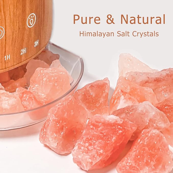Ultrasonic Essential Oil Diffuser with Himalayan Salt Rock,Flame Diffuser with 2 Color Light,Small Aromatherapy Oil Diffuser with Auto Off Function for Home, Office,Spa,100ML,Wooden Grain