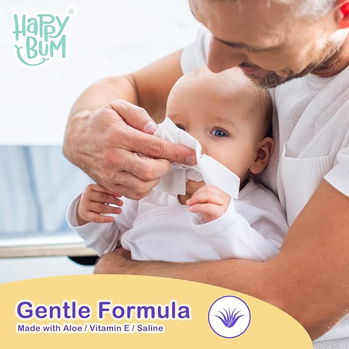 HAPPY BUM Saline Baby Wipes, Unscented, 360 Count (12 Packs of 30 Wipes) Saline Face Wipes