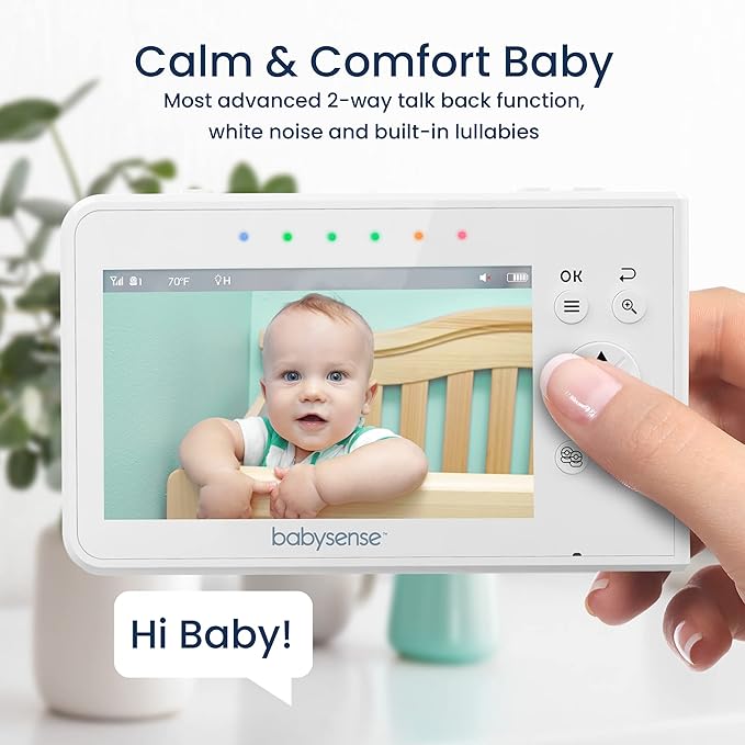 Babysense Baby Monitor with 2 Cameras and Audio 4.3", Non Wifi Baby Monitor, Dual Split Screen, Portable Double Sleep Video Monitoring, Auto Night Vision & Light, Lullabies & White Noise Two-Way Audio