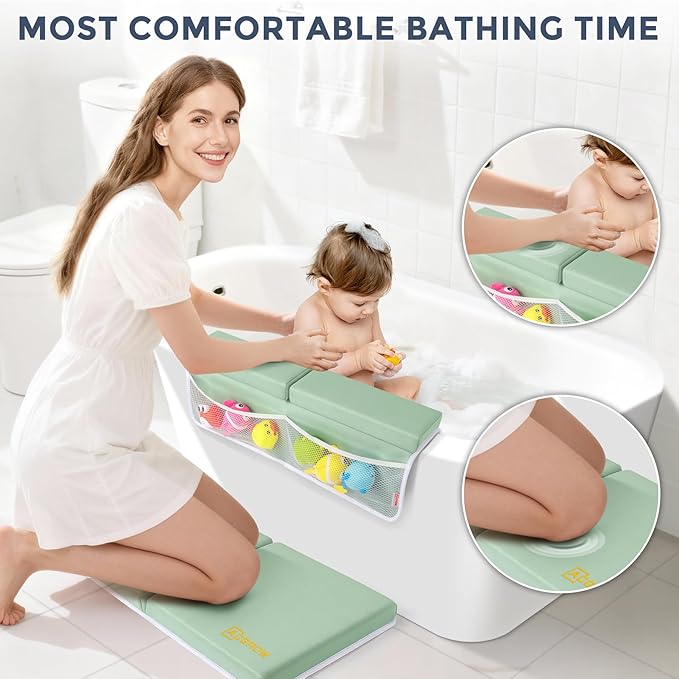 Bath Kneeler and Elbow Rest Pad Set - Comfortable 1.5” Thick Baby Bath Kneeler Pads with Toys Organizer, Non-Slip Knee Arm Support Bathtub Mat, Quick-Drying Kneeling Pad for Baby Bath Time