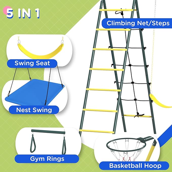 Outsunny 440 lbs Swing Set for Backyard, 5 in 1 Heavy-Duty A-Frame Stand Outdoor Playset for Kids, with Saucer Swing, Slide, Swing Seats, Gym Rings, Basketball Hoop, Climbing Steps and Net