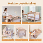 JOYMOR 9 in 1 Bedside Bassinet with Changing Table, Pack and Play with Bassinet, Convert to Rocking Baby Bed with Electric Music Center, Mosquito Net, Storage, Beige