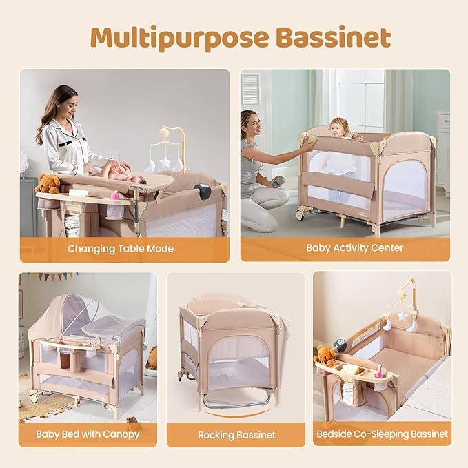 JOYMOR 9 in 1 Bedside Bassinet with Changing Table, Pack and Play with Bassinet, Convert to Rocking Baby Bed with Electric Music Center, Mosquito Net, Storage, Beige