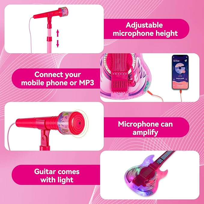 Guitar and Microphone Play Set for Girls,Karaoke Machine with Music&Light,Microphone Toys with Stand,Adjustable Height Guitar Toys for Kids,Toddlers,Child(Red)