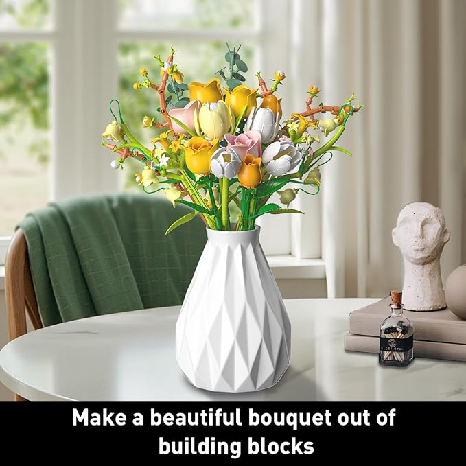 Pink Roses Bouquet Building Set for Adults - Artificial Flowers Botanical Collection for Home Decor & Table Centerpieces - Creative Gift for Women, Plant & Flower Lovers