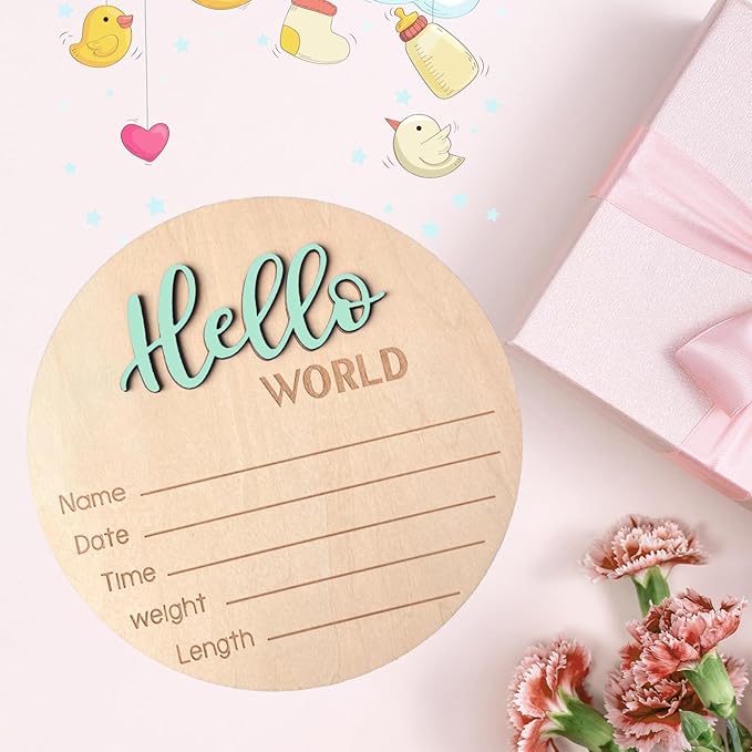 Baby Announcement Sign, 5.9 Inch Wooden Hello World Newborn Signs, Birth Announcement Sign, Baby Shower Hospital Nursery for Newborn Boys and Girls (Spark Green)