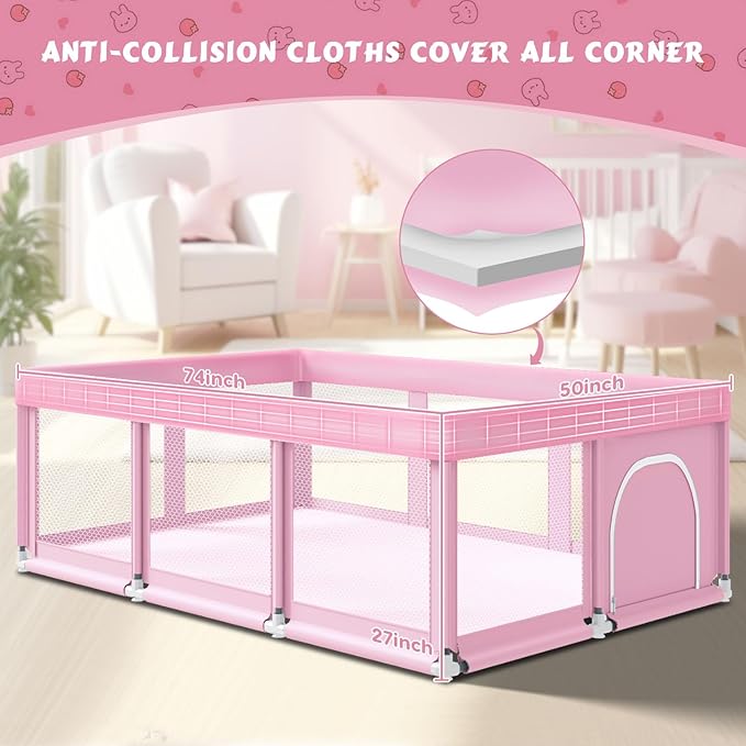 74" ×50" Large Baby Playpen, Baby Playard for Babies and Toddlers, Play Pens for Indoor & Outdoor, Sturdy Safety Play Yard with Soft Breathable Mesh, Anti-Fall, Pink