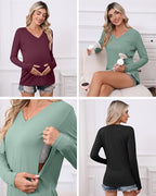 Huukeay 3 Pack Women's Long Sleeve Nursing Tops, Breastfeeding Hidden Zippers Shirts V Neck Maternity Pregnancy Tees Clothes
