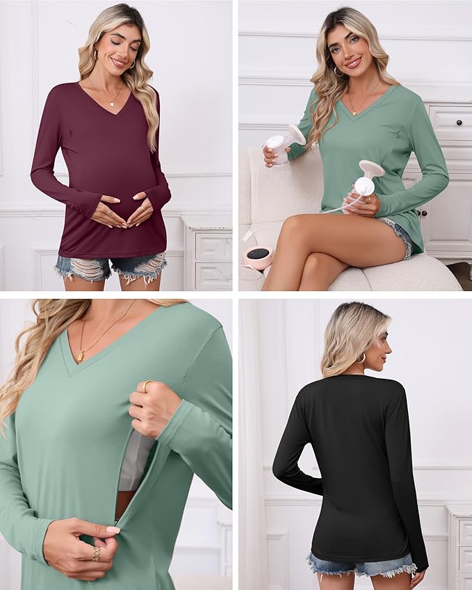 Huukeay 3 Pack Women's Long Sleeve Nursing Tops, Breastfeeding Hidden Zippers Shirts V Neck Maternity Pregnancy Tees Clothes