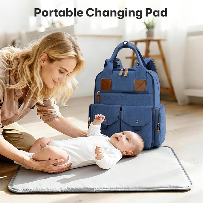Diaper Bag Backpack - Large Diaper Bag with Portable Changing Pad as Baby Shower Gifts, Lightweight Waterproof Unisex Travel Baby Bag with 4 Insulated Pockets and Stroller Buckles, Dark Blue
