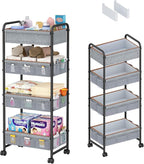 4-Tier Baby Diaper Caddy Cart Organizer,Mobile Nursery Baby Dresser Clothes Organizer with Wheels,with 2 Dividers & 21 Mesh Pockets，Metal Utility Cart for Nursery,Bedroom,Bathroom