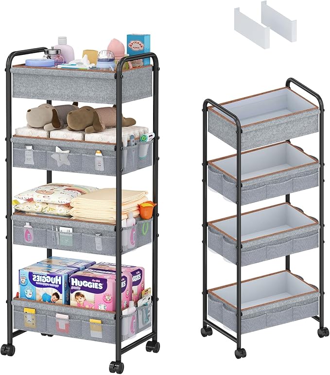 4-Tier Baby Diaper Caddy Cart Organizer,Mobile Nursery Baby Dresser Clothes Organizer with Wheels,with 2 Dividers & 21 Mesh Pockets，Metal Utility Cart for Nursery,Bedroom,Bathroom