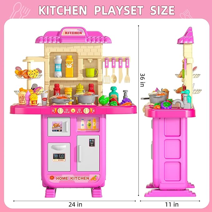 36 in Kids Kitchen Playset for Ages 2-6 4-8, Play Kitchen with Light, Sound and Spraying, Sink Toy Accessories, Cooking Stoves, Pretend Food Toys for Toddlers 1-3 3-5 Boys Girls 6-12 (Pink)