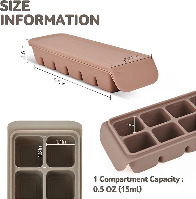 Silicone Freezer Trays with Lid,0.7oz 12 Section-Leak Proof Silicone Freezer molds for Homemade Baby Food Breastmilk, Purees, Vegetables, Fruit, Baby Food Jars Ice Tray with Lid BPA Free Brown