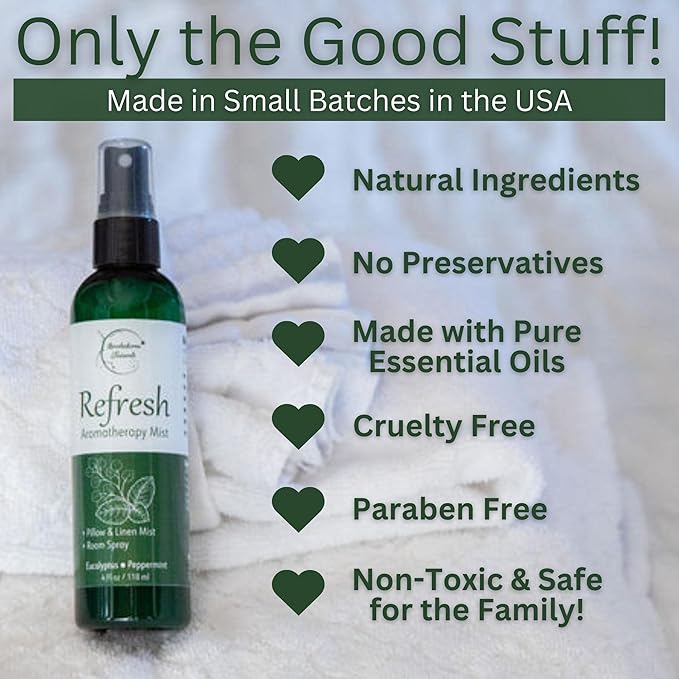 Refresh Aromatherapy Room Spray & Pillow Mist. Peppermint & Eucalyptus Essential Oil Spray, Linen Mist, Natural Car Air Freshener Bathroom Freshener & Closet Deodorizer by Brookethorne Naturals