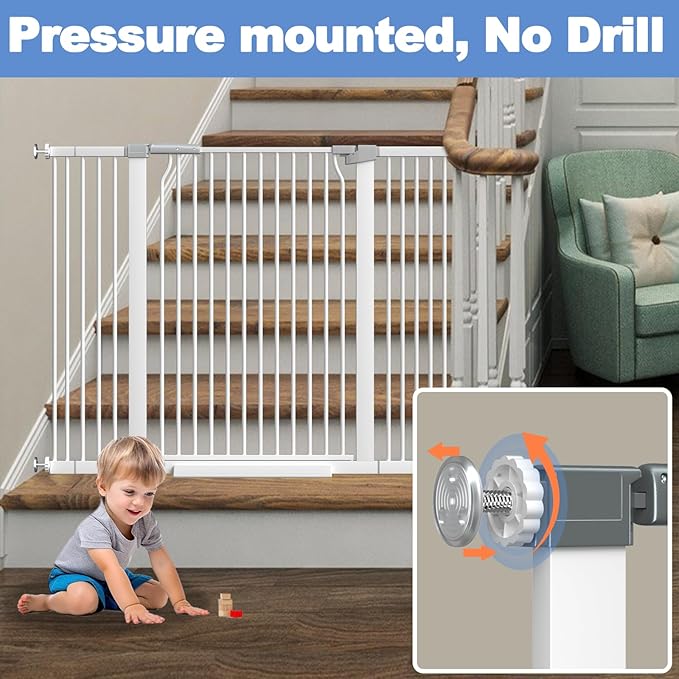 60.2"-65.7" Baby Gates Extra Wide, 40.5" Tall Dog Gate Indoor, Walk Through Pet Gates for Doorways Kitchen No Drilling Auto Close Pressure Mounted Safety Child Toddler Gate, White
