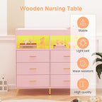 Dresser for Bedroom with 6 Drawers, Multi-Functional Nursery Dresser with LED Lights & Charging Station,Baby Changing Table Table with Diaper Changing Station