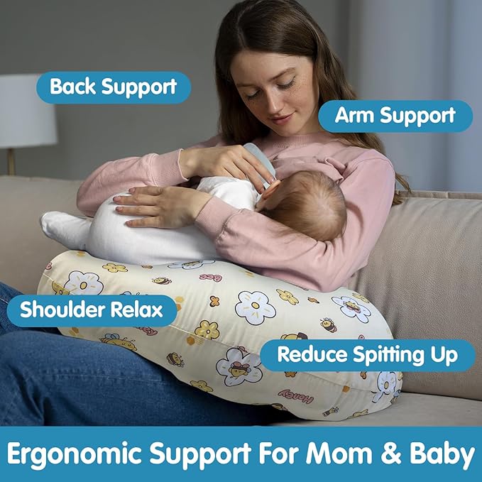 Nursing Pillow, Breastfeeding Pillow with Removable Cover, Ergonomic Breast Feeding Pillow, Baby Feeding Support Cushion for Mom Easier Breastfeeding- Original Size/Honey Bee