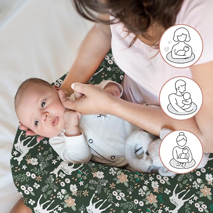 Little Grape Land Nursing Pillow for Infants, Breastfeeding Pillows, Baby Support Pillow for Nursing, Bottle Feeding, Tummy Time with Machine Washable Cover & Breathable Filling (Forest Deer)