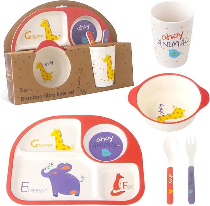 Kids Feeding Set 5 Pcs, Tableware Set for Toddlers Includes Plate Bowl Cup Fork and Spoon Utensil Flatware, Kids Flatware Set Dishwasher Safe, BPA Free (Animalworld)