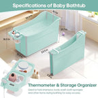 Collapsible Baby Bathtub Foldable Bathtub for Toddler Portable Large Foldable Bath Tub Bathtub for Kids Petite with Thermometer and Storage Basket (Green)