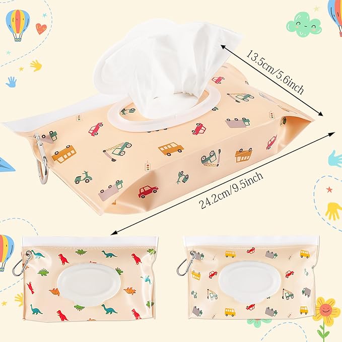 FEBSNOW 2 Pack Baby Wipes Dispenser, Portable Refillable Wipe Holder Baby Wipes Container Travel Wipes Case Reusable Wet Wipes Pouch (Dinosaur, Car)