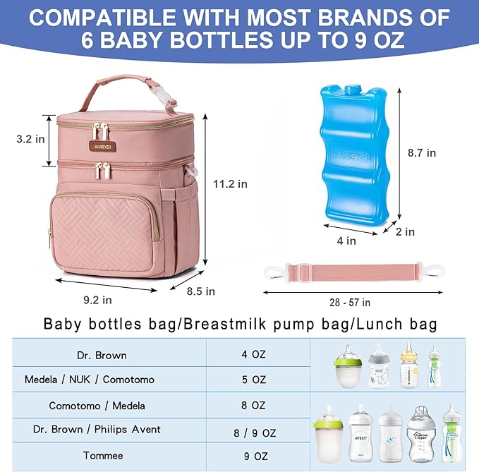 Insulated Breastmilk Cooler Bag with Ice Pack - Holds 6x9oz Bottles, Leakproof Double Layer, Baby Bottle Cooler Bag with Adjustable Strap for Nursing Moms, Daycare & Travel