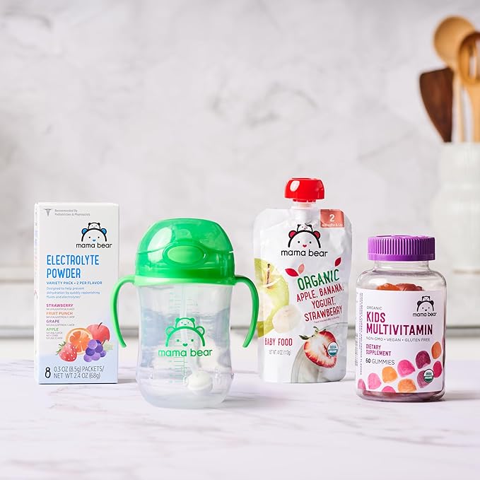 Amazon Brand - Mama Bear Silicone Weighted Straw Sippy Cup, 9 Ounces, Pack of 4, Blue/Green