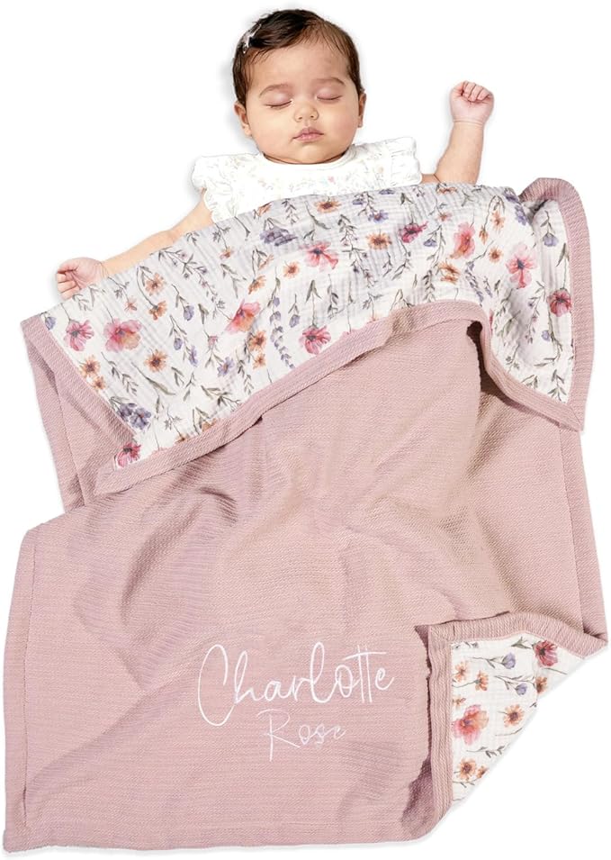 Personalized Baby Blanket with Name – Custom Knit Blanket, 27x40in Floral Embroidered Nursery Blanket for Girls – Customized Baby Blanket, Soft Newborn Gift & Custom Baby Gifts (Baby Pink)