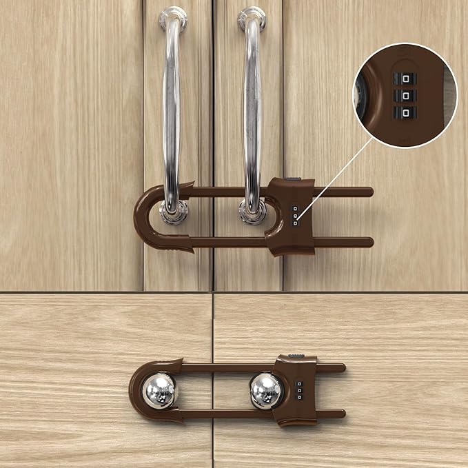 4 Pack Child Proof Sliding Cabinet Door Code Locks Baby Safety Cupboard Locks Adjustable U Shaped Cabinet Latches for Knob Handle Drawers Closet (4 PCS, Coffee)