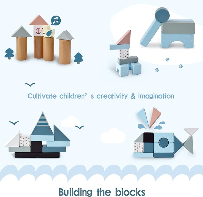 PairPear Wooden Baby Walker with Blocks & Brake – Montessori Push Cart, Adjustable Speed, Anti-Slip Wheels, Gift for 1-3 Y Boys & Girls