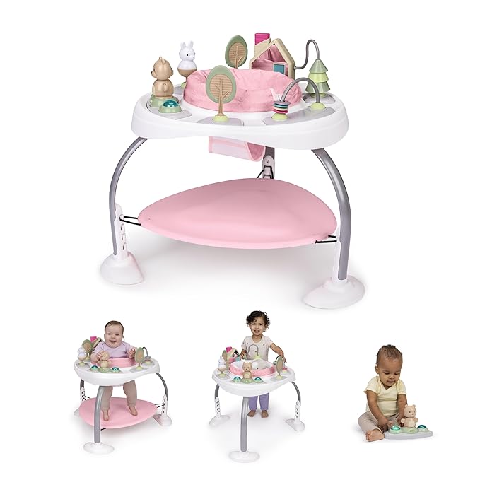 Ingenuity Spring & Sprout 2-in-1 Baby Activity Center Jumper and Table with Infant Toys - Ages 6 Months +, First Forest in Pink