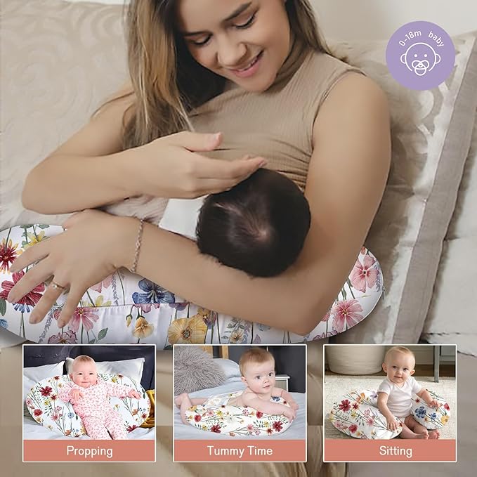 Little Grape Land Nursing Pillow for Infants, Breastfeeding Pillows, Baby Support Pillow for Nursing, Bottle Feeding, Tummy Time with Machine Washable Cover & Breathable Filling (Spring Flower)