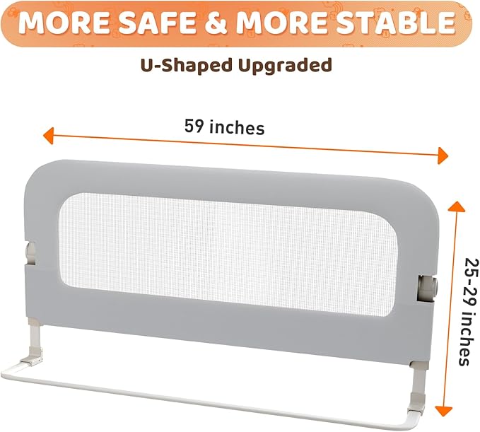 omzer Large Bed Guard Rail for Toddlers - 59inch Foldable & Adjustable Heights Baby Bed Safety Railing - Toddler Long Bed Rails Guard for Twin, Bunk, Queen & King, Full Size Bed Grey