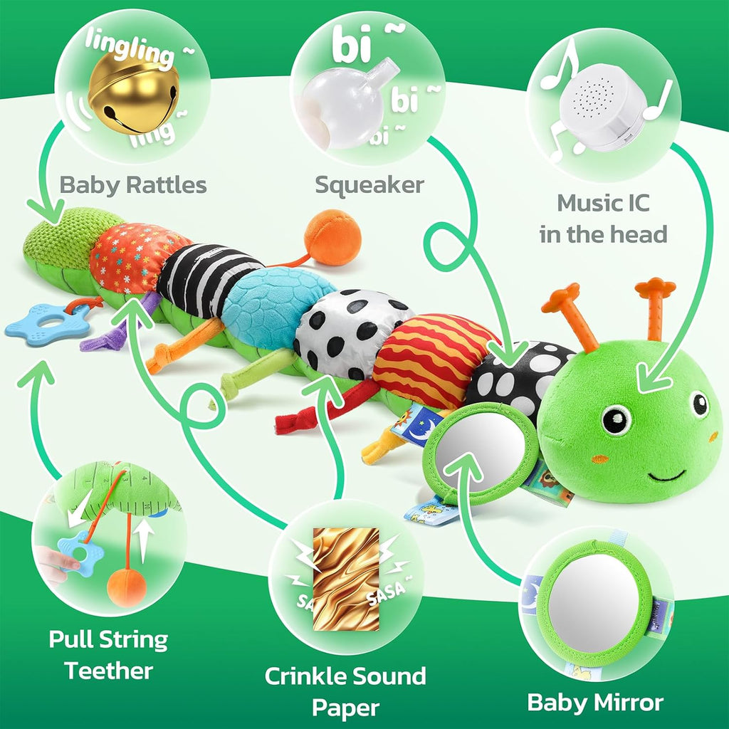 HEMRLY Baby Toys for 0-6 Months, Musical Plush Caterpillar Infant Sensory Toy with Baby Mirror&Crinkle Rattle,Pull String,Teething Toys, Tummy Time Newborn Gifts for 0-3-6-12 Boys Girls - Green Branch