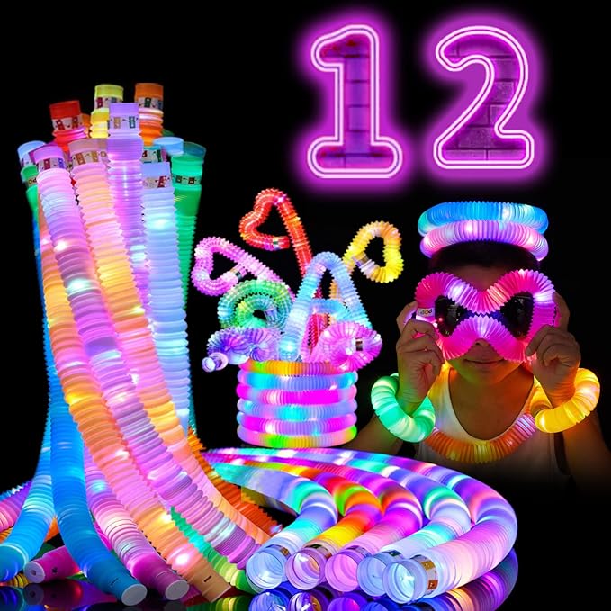 12 PCS Light Up Glow Sticks - LED Pop Tubes, Glow in The Dark Party Supplies, Sensory Toys Birthday Party Favors for Kids, Light Up Toys Goodie Bag Stuffers Gifts