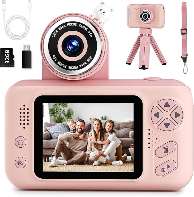 Kids Camera Girls for 3 4 5 6 7 8 9 Years Old Girls,1080P HD Video Selfie Camera with 32G SD Card Kids Digital Camera Toys for Toddler Birthday Gifts Pink