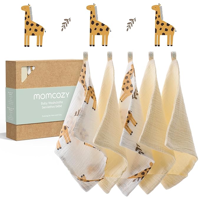 Momcozy Soft & Absorbent Baby Washcloths - 4 Layer Design| Medium Thickness| Premium Cotton for Newborns' Skin-Great for Bathing, Wiping & on-The-go Use, Shower Gift and Essential(5 Pack, 10x10 inch)