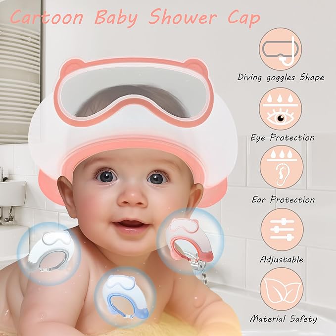 Baby Shower Cap Shield, Shower Cap for Kids, Visor Hat for Eye and Ear Protection for 0-9 Years Old Children, Cute diving goggle Shape Makes The Baby Bath More Fun (Pink)