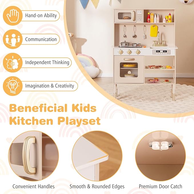 HONEY JOY Kids Kitchen Playset, Wooden Play Kitchen for Toddlers, Microwave, Range Hood, Ice Maker, 18 Cooking Accessories, Little Chef Pretend Play Toy Kitchen Set, Gift for Boys Girls, Pink