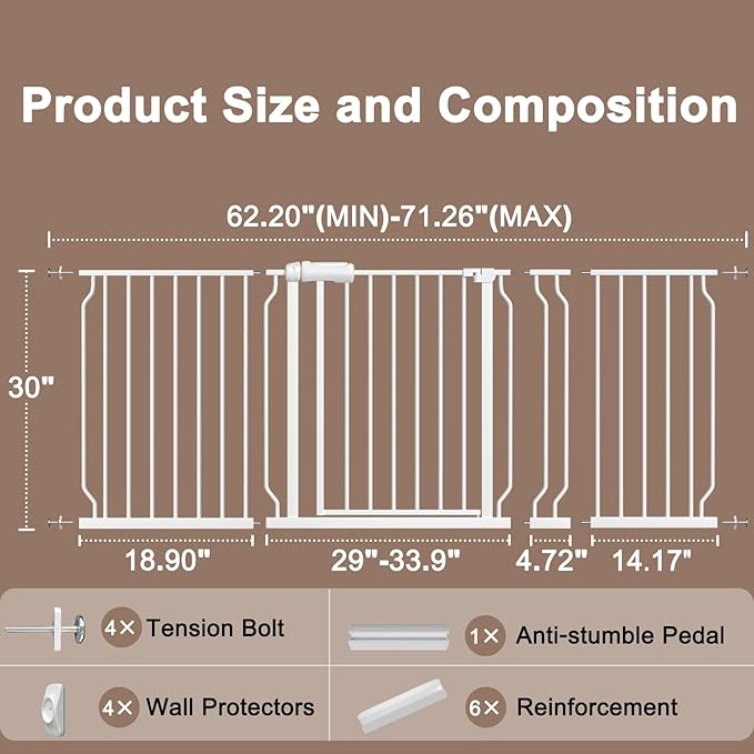 WAOWAO Baby Gate 62.20-71.26" Extra Wide Pressure Mounted Walk Through Swing Auto Close Safety White Metal Toddler Kids Child Dog Pet Puppy for Stairs,Doorways,Kitchen