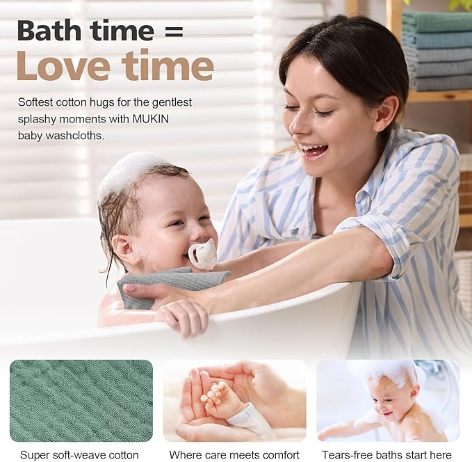 MUKIN Baby Washcloths,Muslin Burp Cloths Towels for Newborns,Absorbent Cotton Bath Face Towel ，5 Pack, 12x12 Inches (Coastal Calm)