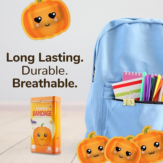 BioSwiss Bandages, Halloween Pumpkin Shaped Self Adhesive Bandage, Latex Free Sterile Wound Care, Fun First Aid Kit Supplies for Kids, 50 Count