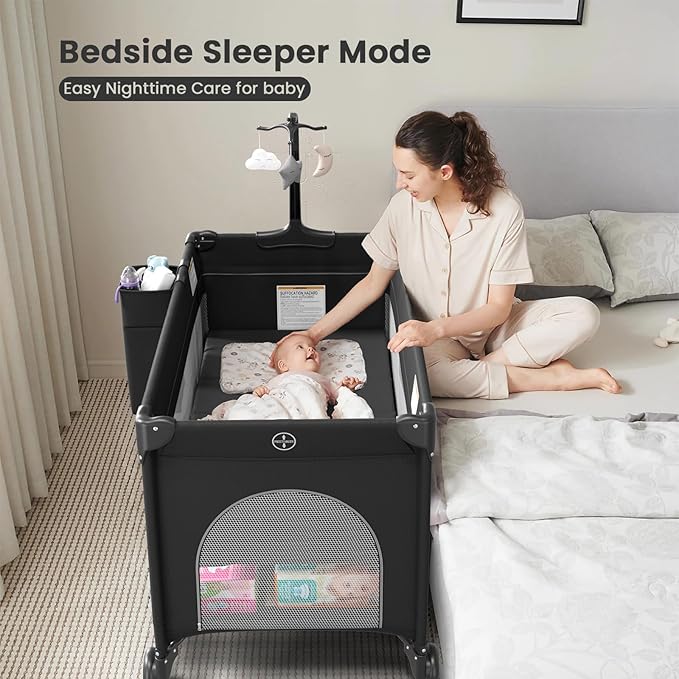 Large Pack and Play, Baby Bed Portable Crib with Diaper Changing Table Mattress Hanging Toys & Decor, Travel Bassinet Bedside Sleeper Playard from Newborn to Toddlers